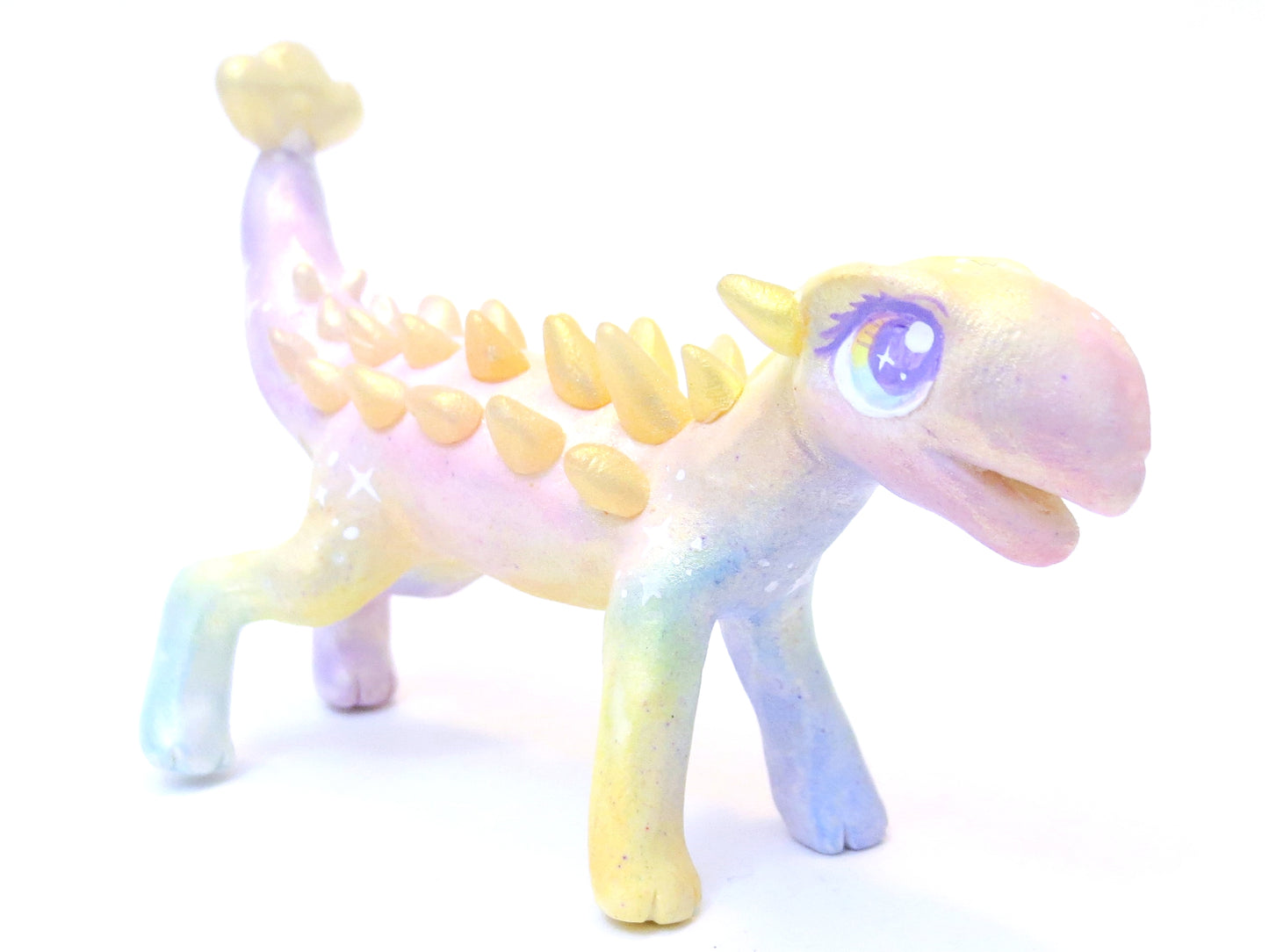 Rainbow Shimmer Ankylosaurus Figurine - Polymer Clay Iridescent Dinosaur with Kawaii Eyes