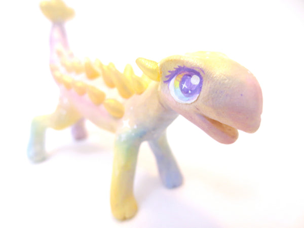 Rainbow Shimmer Ankylosaurus Figurine - Polymer Clay Iridescent Dinosaur with Kawaii Eyes
