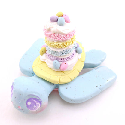 Blue Speckled Egg Cake Turtle Figurine - Polymer Clay Easter Animal Collection