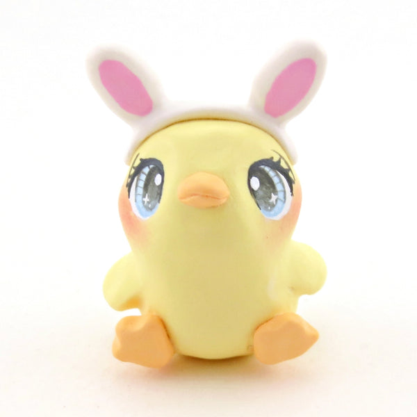 Blue-Eyed Chick with Bunny Ear Headband Figurine - Polymer Clay Easter Animal Collection