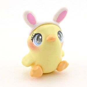 Blue-Eyed Chick with Bunny Ear Headband Figurine - Polymer Clay Easter Animal Collection