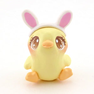 Brown-Eyed Chick with Bunny Ear Headband Figurine - Polymer Clay Easter Animal Collection