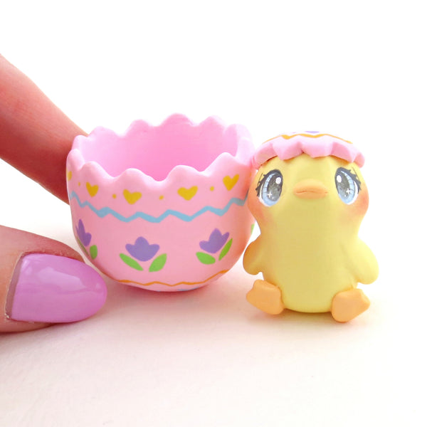 Chick in a Pink Easter Egg Figurine - Polymer Clay Easter Animal Collection