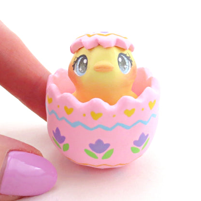 Chick in a Pink Easter Egg Figurine - Polymer Clay Easter Animal Collection