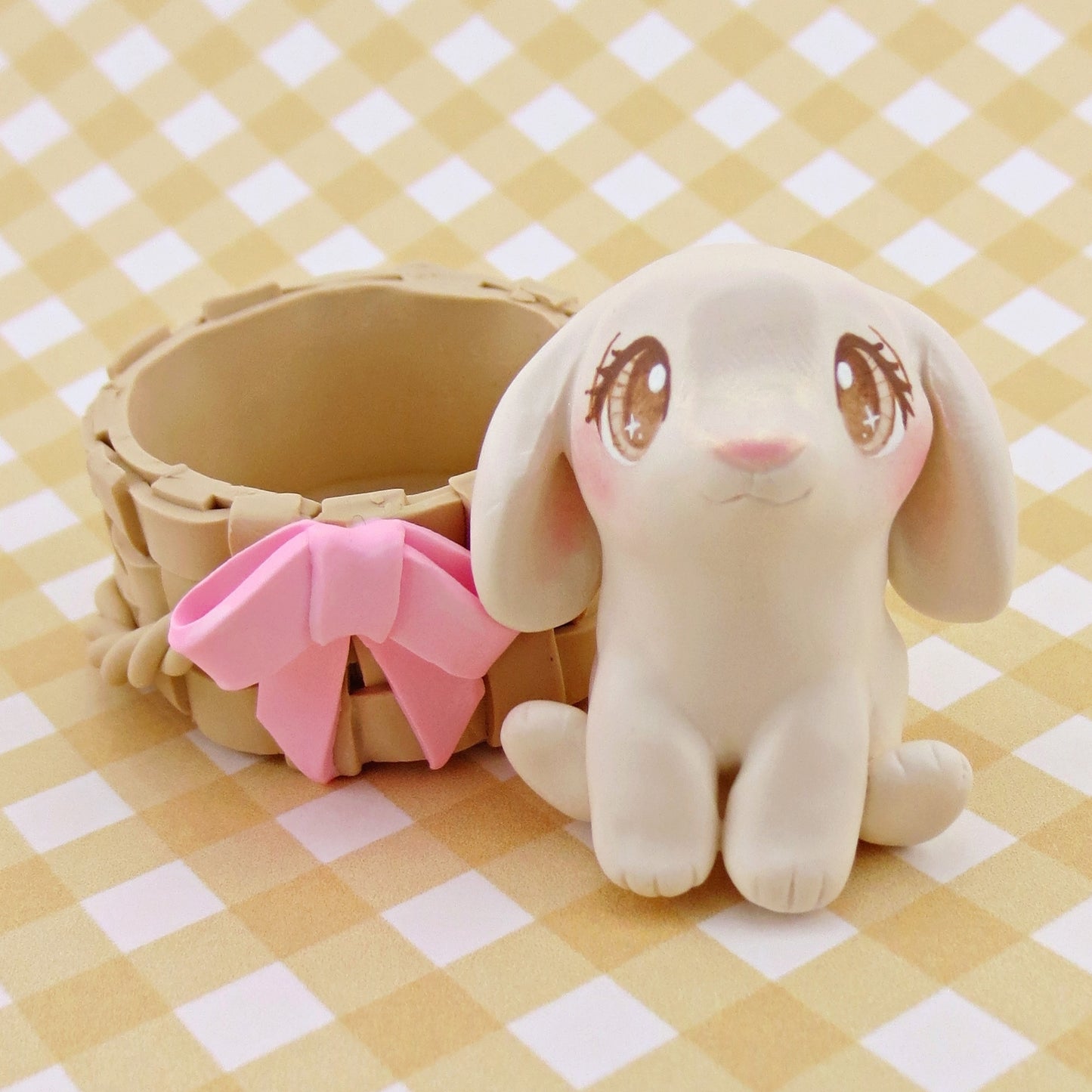 Lop Easter Bunny in Basket Figurine Set - Polymer Clay Easter Animal Collection