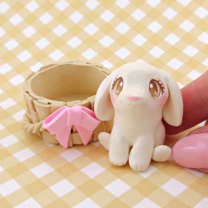 Lop Easter Bunny in Basket Figurine Set - Polymer Clay Easter Animal Collection