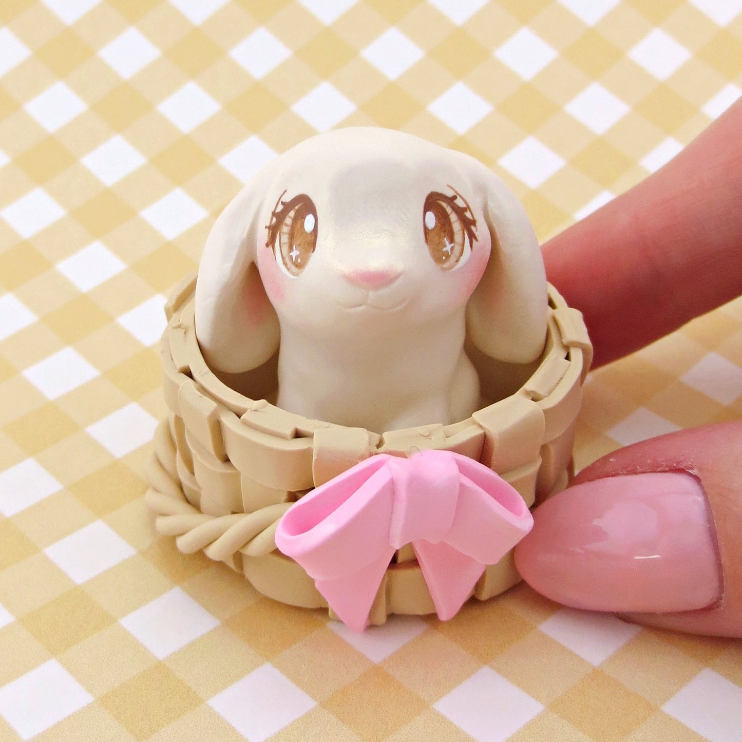 Lop Easter Bunny in Basket Figurine Set - Polymer Clay Easter Animal Collection