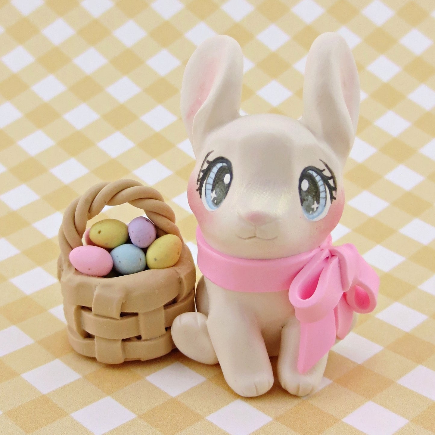 Bunny with an Easter Basket Figurine - Polymer Clay Easter Animal Collection