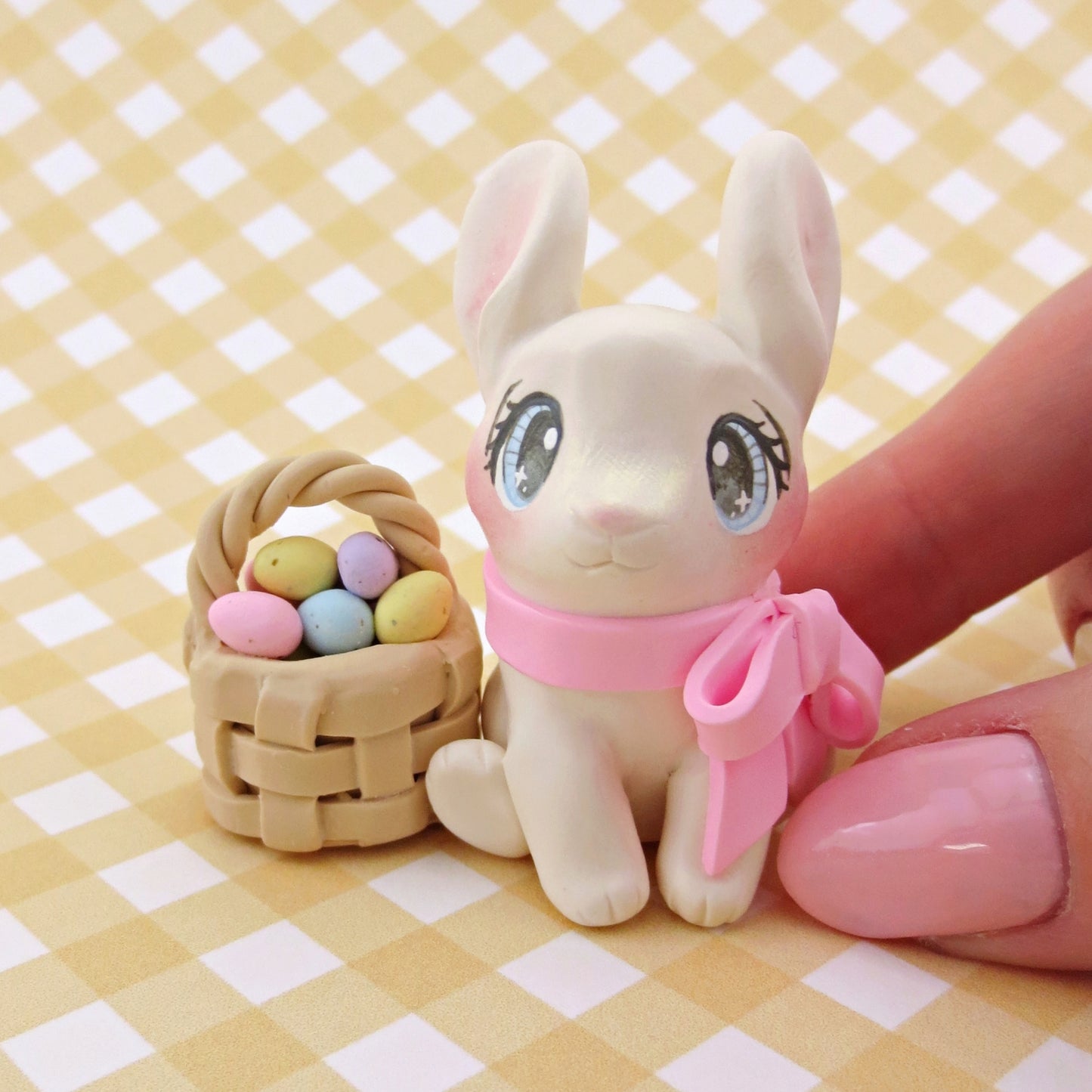 Bunny with an Easter Basket Figurine - Polymer Clay Easter Animal Collection