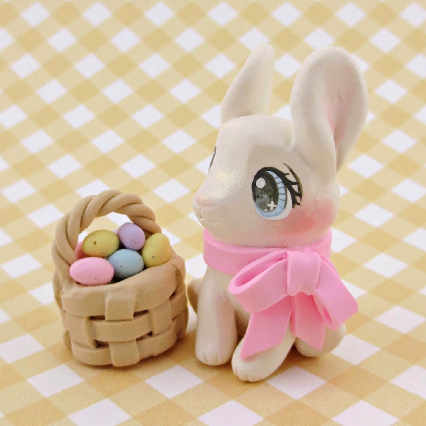 Bunny with an Easter Basket Figurine - Polymer Clay Easter Animal Collection