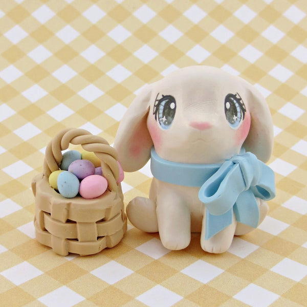 Lop-Eared Bunny with an Easter Basket Figurine - Polymer Clay Easter Animal Collection