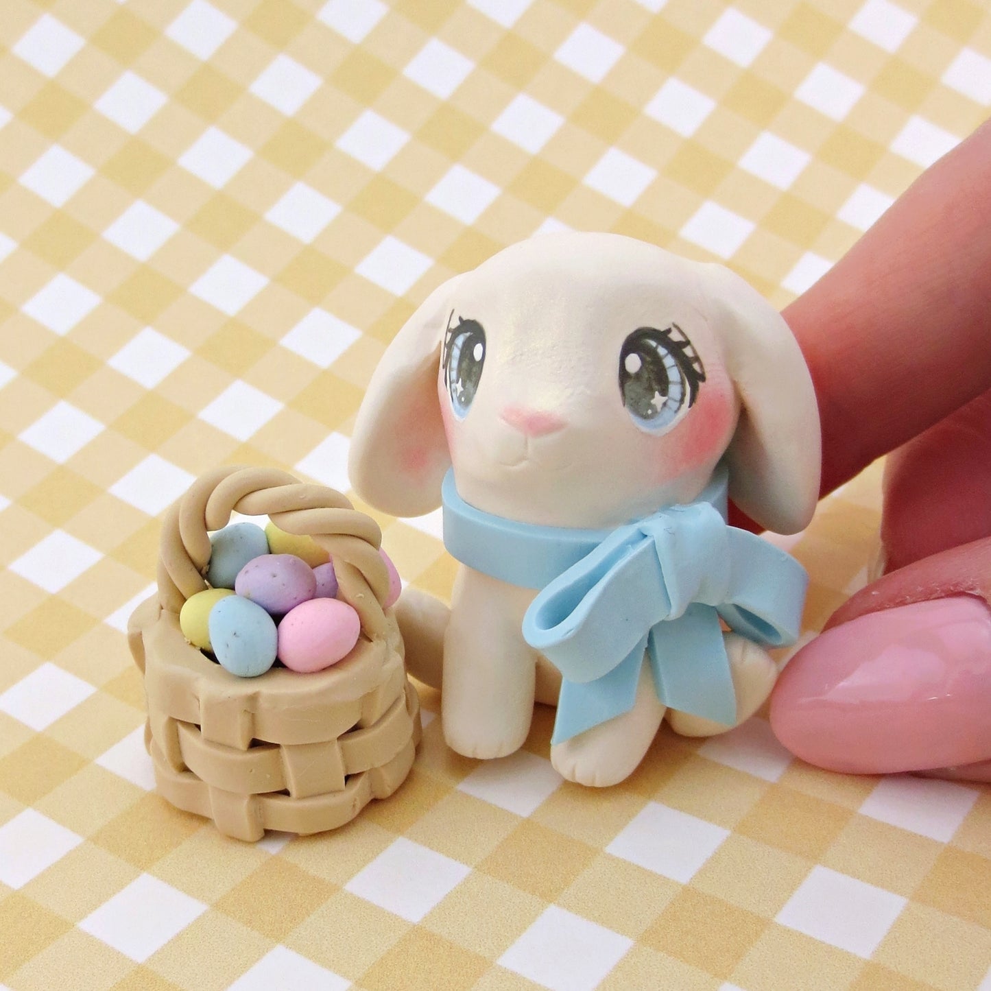 Lop-Eared Bunny with an Easter Basket Figurine - Polymer Clay Easter Animal Collection