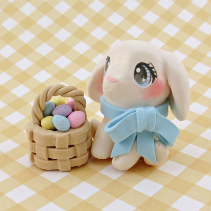 Lop-Eared Bunny with an Easter Basket Figurine - Polymer Clay Easter Animal Collection