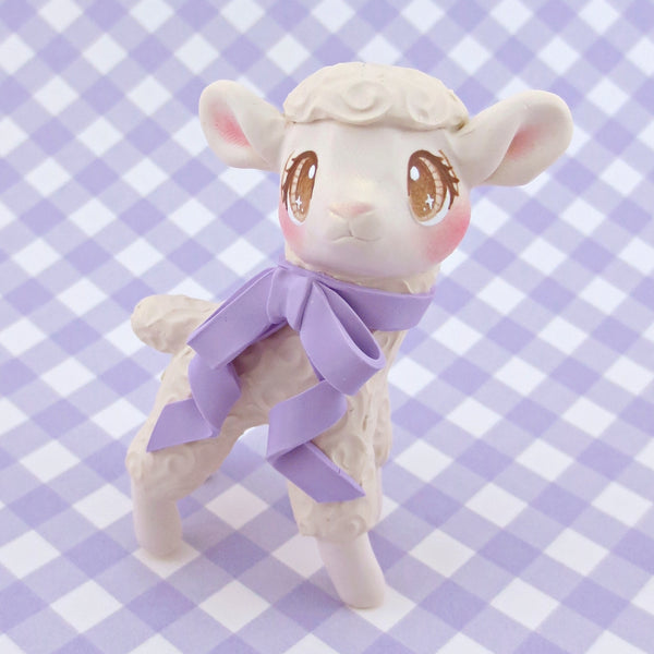 Lamb with Lavender Bow Figurine - Polymer Clay Easter Animal Collection