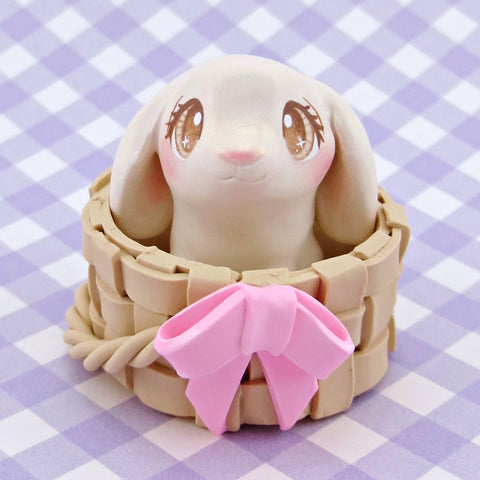 Lop Easter Bunny in Basket Figurine Set - Polymer Clay Easter Animal Collection