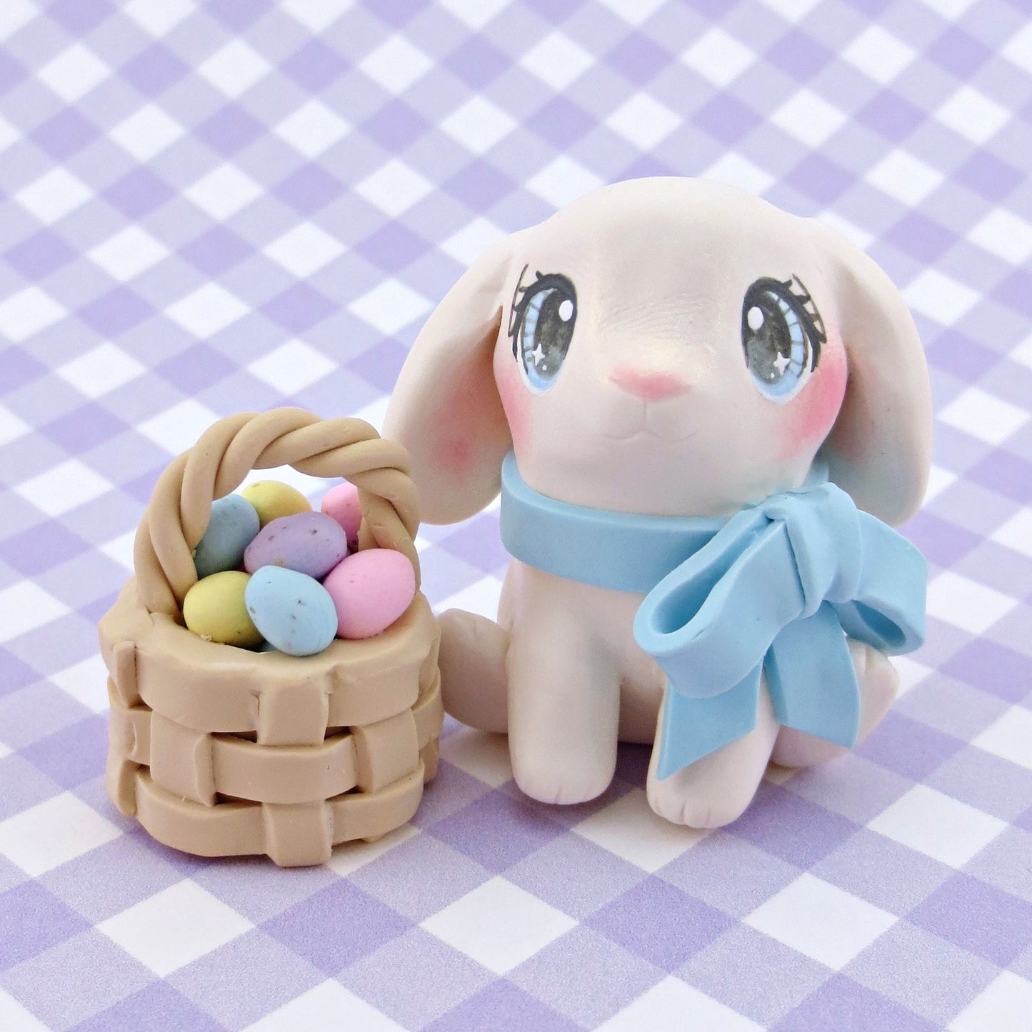 Lop-Eared Bunny with an Easter Basket Figurine - Polymer Clay Easter Animal Collection