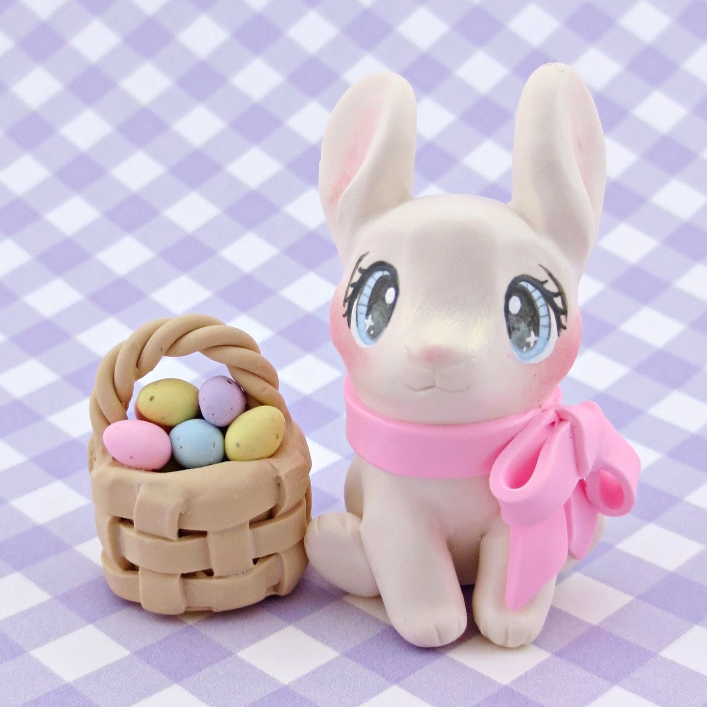 Bunny with an Easter Basket Figurine - Polymer Clay Easter Animal Collection