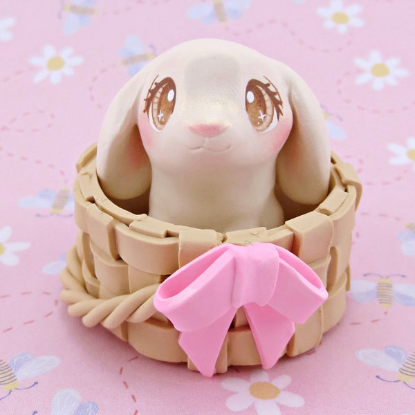 Lop Easter Bunny in Basket Figurine Set - Polymer Clay Easter Animal Collection