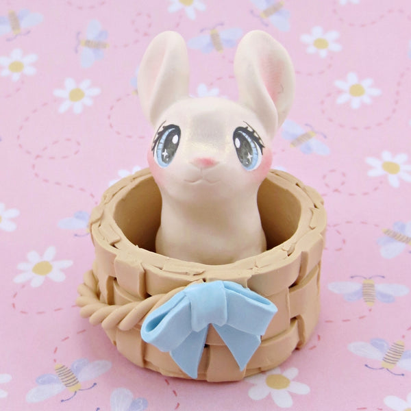 Bunny in Basket Figurine Set - Polymer Clay Easter Animal Collection