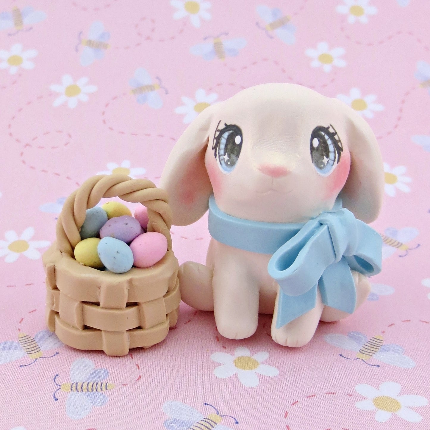 Lop-Eared Bunny with an Easter Basket Figurine - Polymer Clay Easter Animal Collection