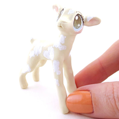 Cream and White Spotted Baby Goat Figurine - Polymer Clay Easter and Spring Animals