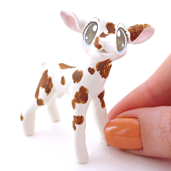 White and Brown Spotted Baby Goat Figurine - Polymer Clay Easter and Spring Animals