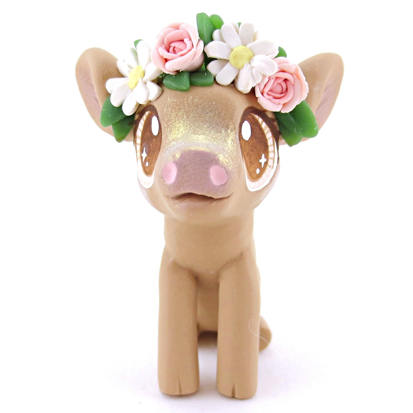 Daisy Rose Crown Brown Pig Figurine - Polymer Clay Easter and Spring Animals