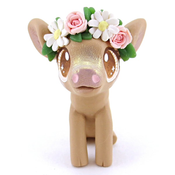 Daisy Rose Crown Brown Pig Figurine - Polymer Clay Easter and Spring Animals