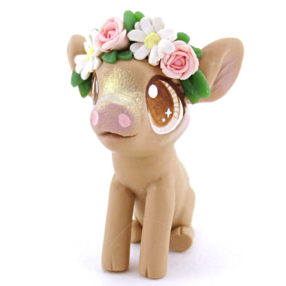 Daisy Rose Crown Brown Pig Figurine - Polymer Clay Easter and Spring Animals