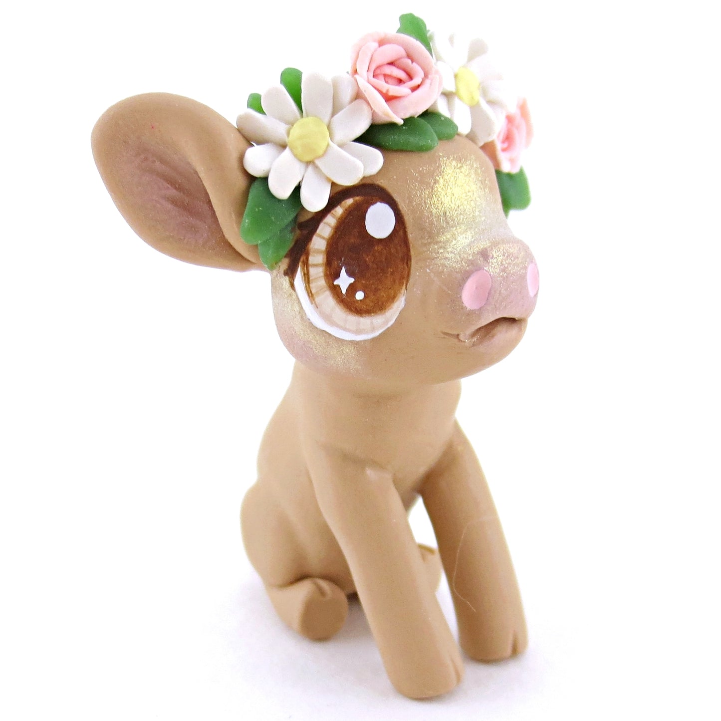 Daisy Rose Crown Brown Pig Figurine - Polymer Clay Easter and Spring Animals