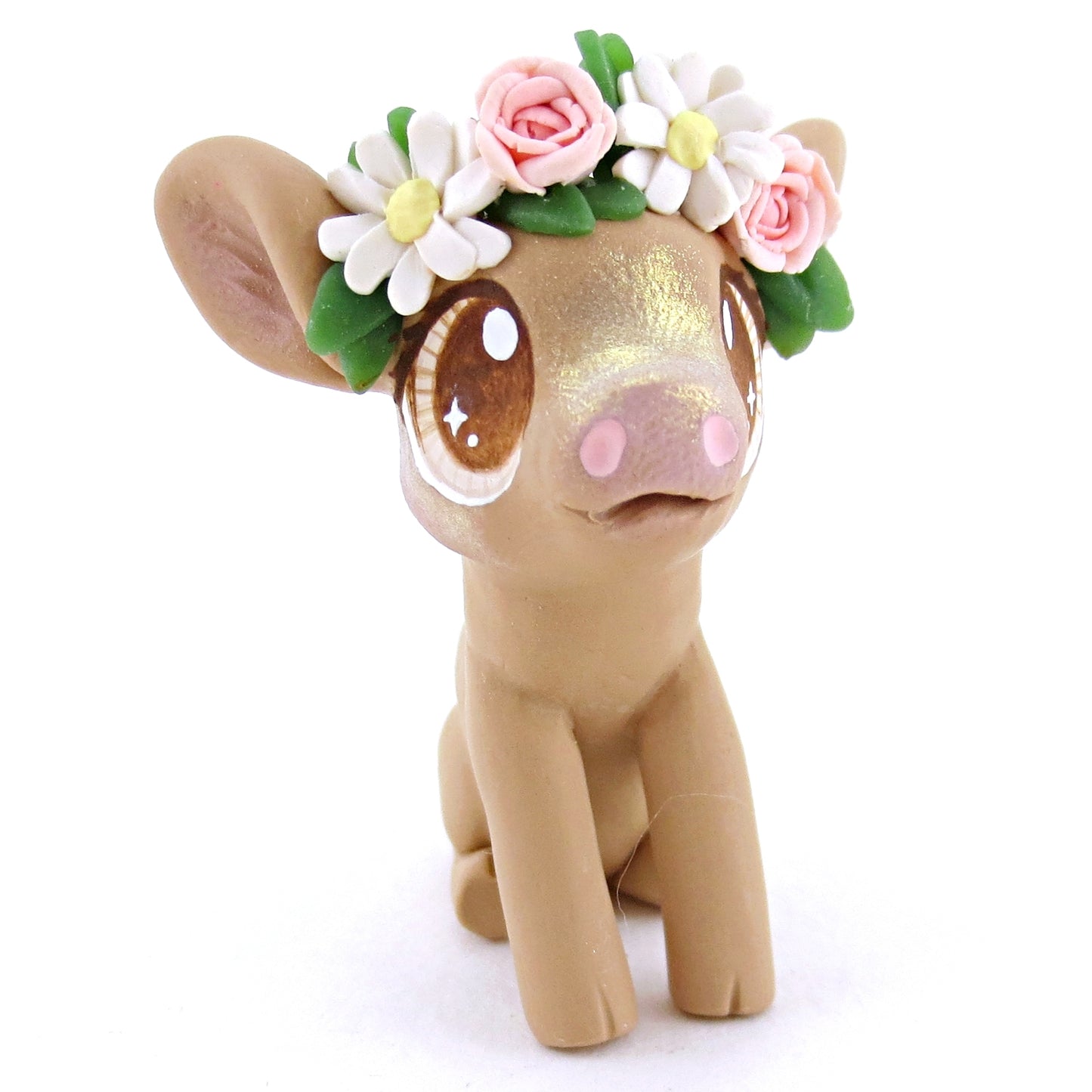 Daisy Rose Crown Brown Pig Figurine - Polymer Clay Easter and Spring Animals