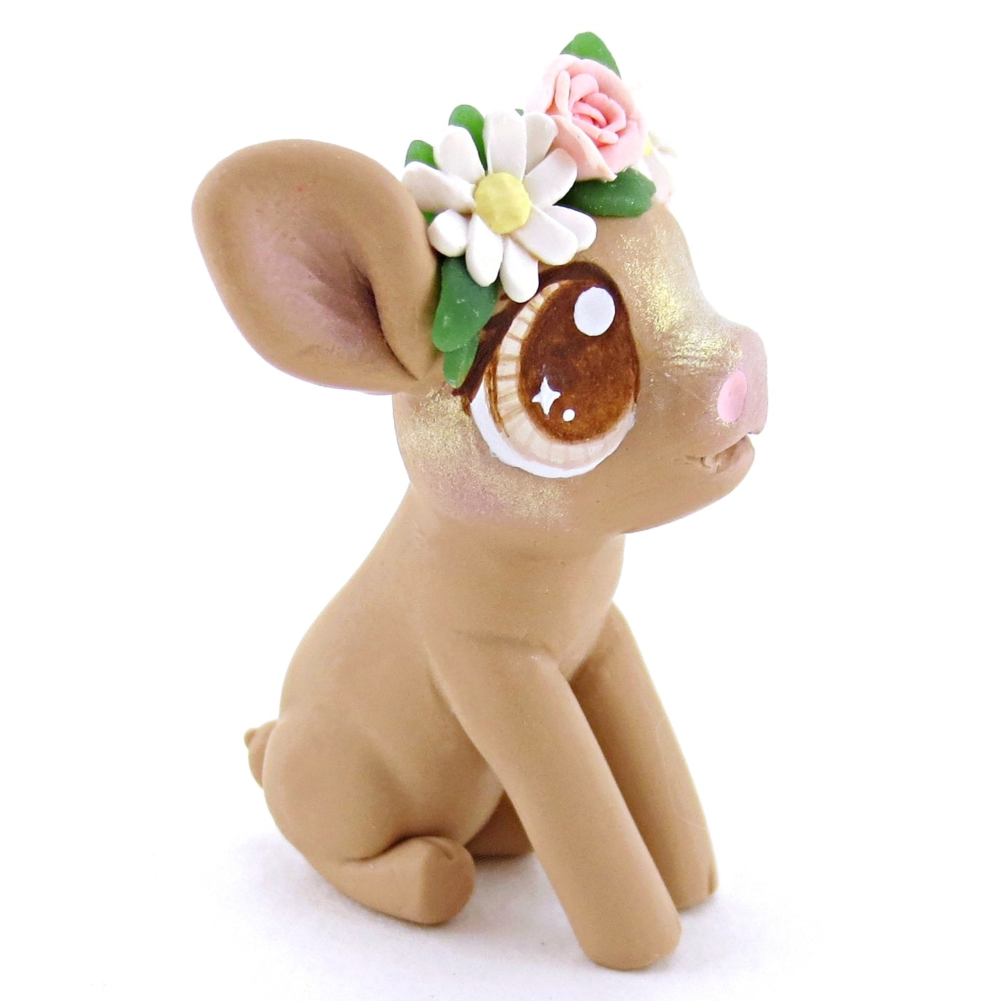 Daisy Rose Crown Brown Pig Figurine - Polymer Clay Easter and Spring Animals