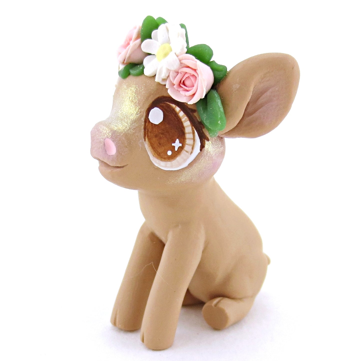 Daisy Rose Crown Brown Pig Figurine - Polymer Clay Easter and Spring Animals