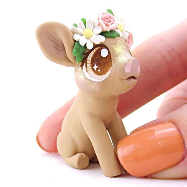 Daisy Rose Crown Brown Pig Figurine - Polymer Clay Easter and Spring Animals