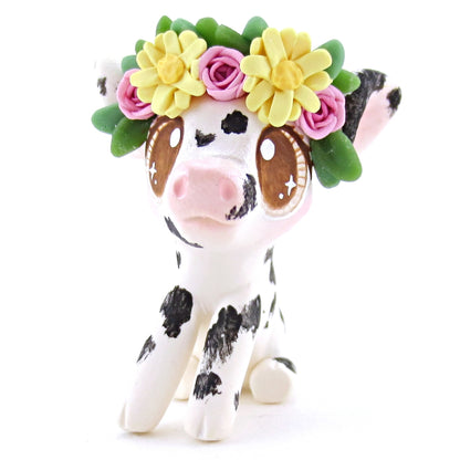 Daisy Rose Crown Black and White Spotted Pig Figurine - Polymer Clay Easter and Spring Animals