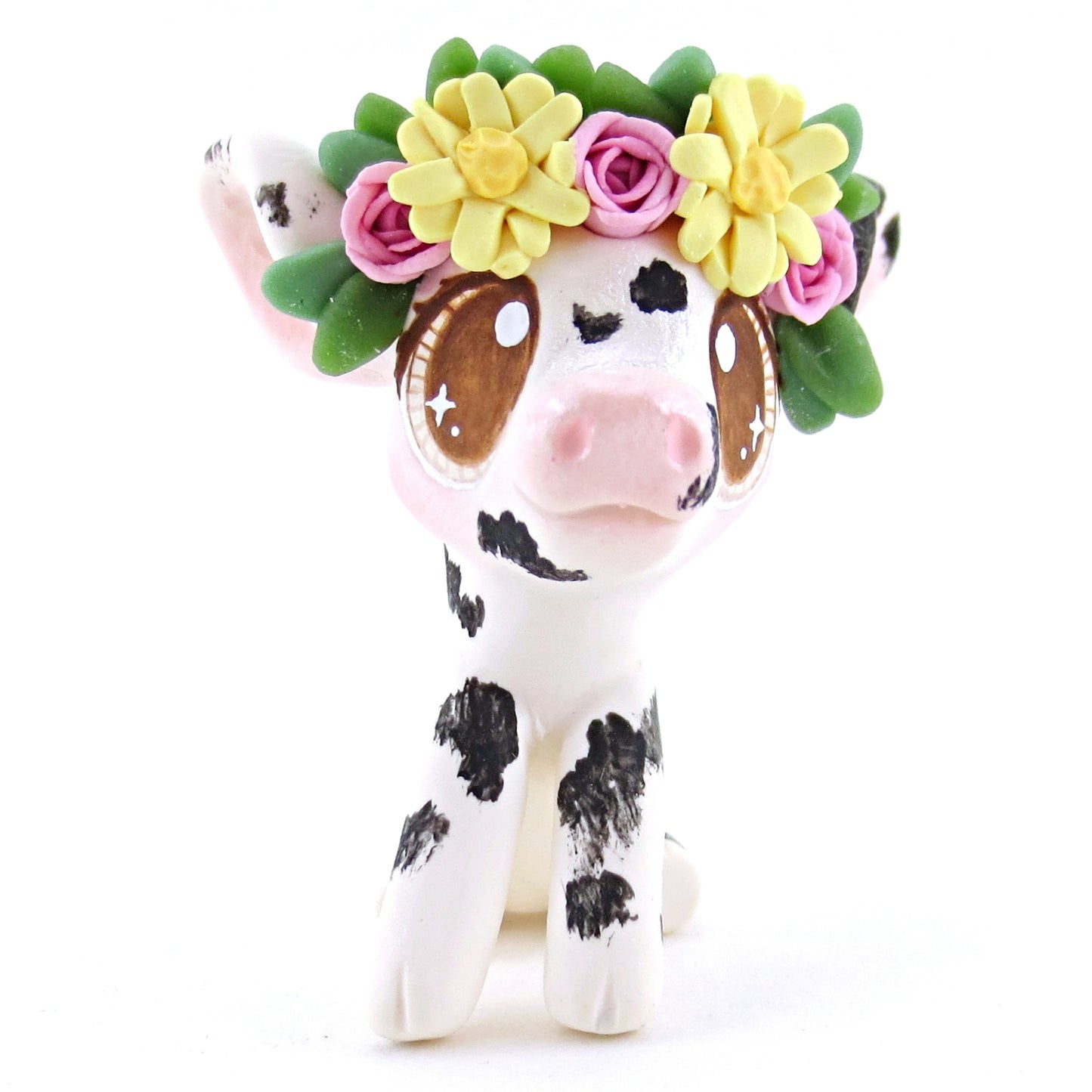 Daisy Rose Crown Black and White Spotted Pig Figurine - Polymer Clay Easter and Spring Animals