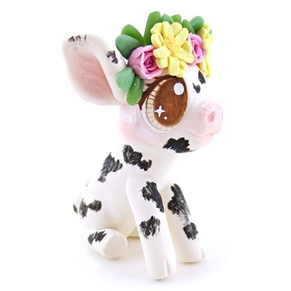 Daisy Rose Crown Black and White Spotted Pig Figurine - Polymer Clay Easter and Spring Animals