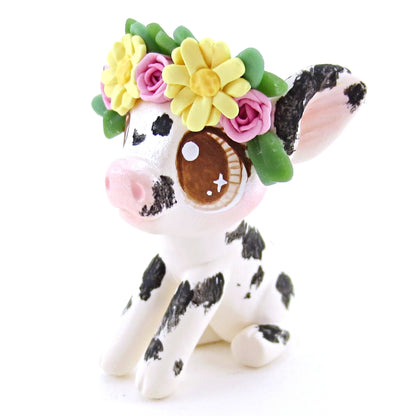 Daisy Rose Crown Black and White Spotted Pig Figurine - Polymer Clay Easter and Spring Animals