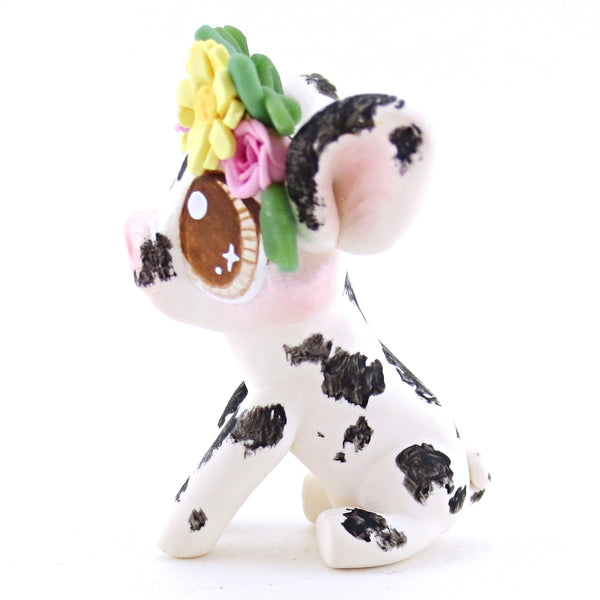 Daisy Rose Crown Black and White Spotted Pig Figurine - Polymer Clay Easter and Spring Animals