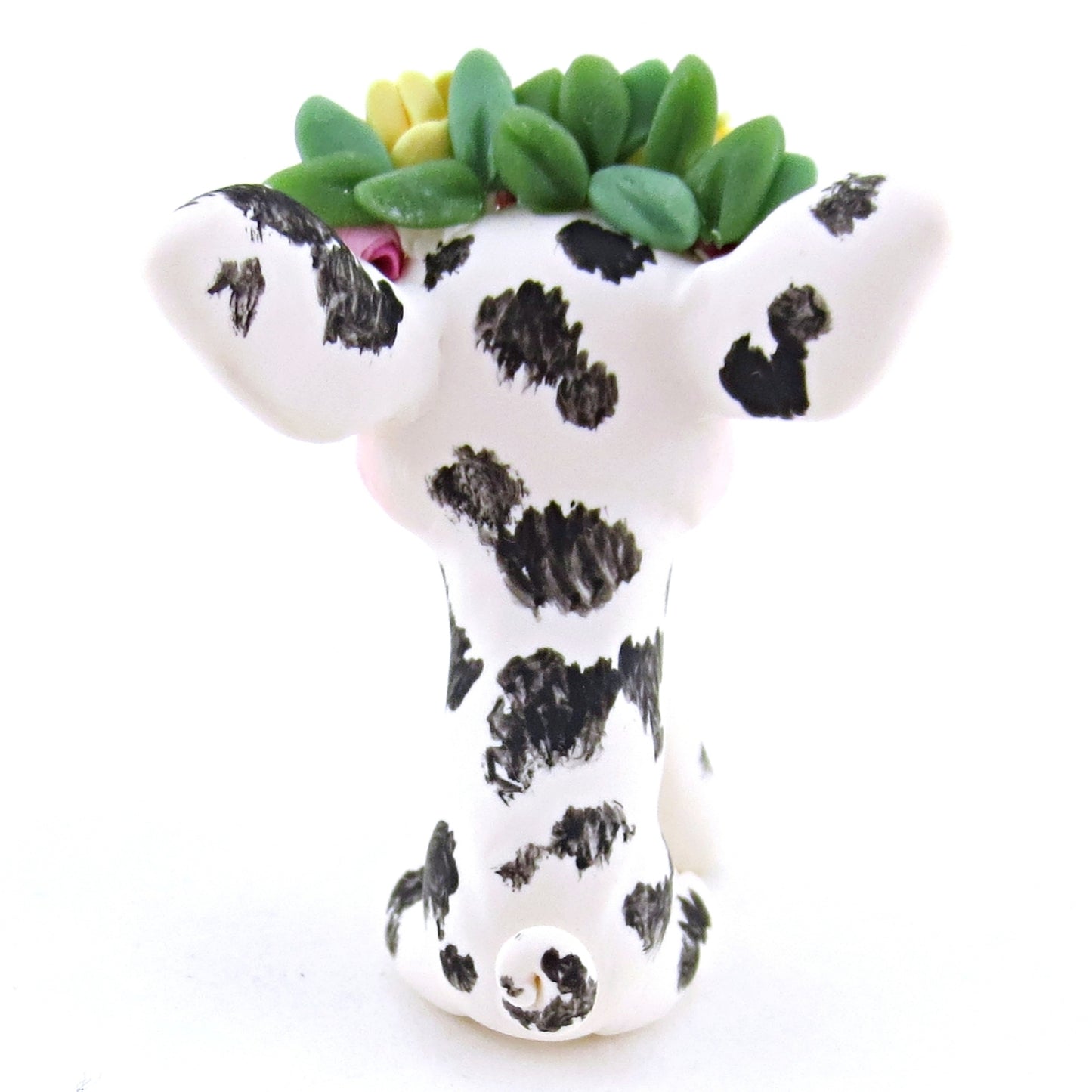 Daisy Rose Crown Black and White Spotted Pig Figurine - Polymer Clay Easter and Spring Animals