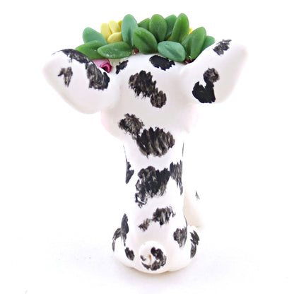 Daisy Rose Crown Black and White Spotted Pig Figurine - Polymer Clay Easter and Spring Animals