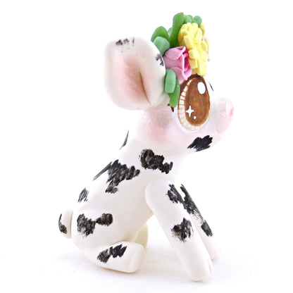 Daisy Rose Crown Black and White Spotted Pig Figurine - Polymer Clay Easter and Spring Animals