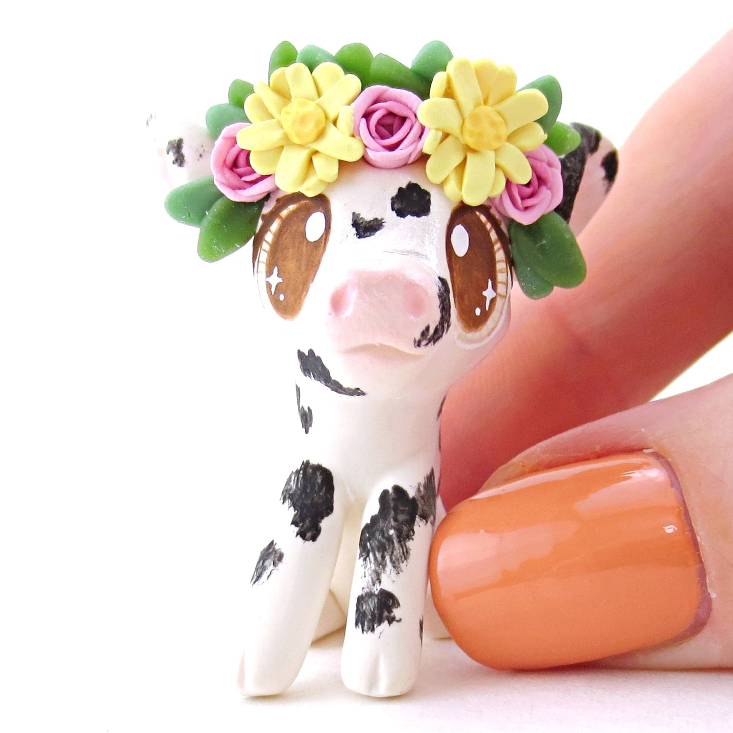 Daisy Rose Crown Black and White Spotted Pig Figurine - Polymer Clay Easter and Spring Animals