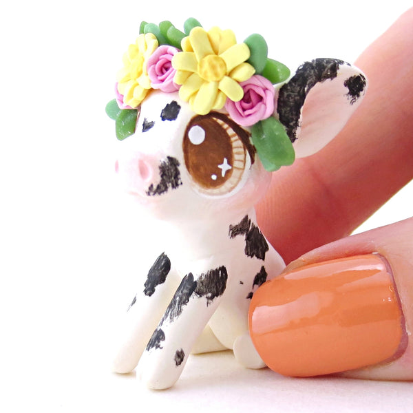 Daisy Rose Crown Black and White Spotted Pig Figurine - Polymer Clay Easter and Spring Animals