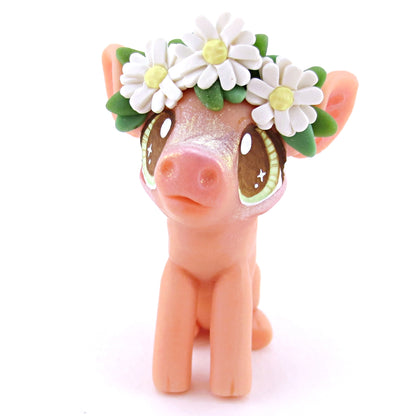 Daisy Crown Pink Pig Figurine - Polymer Clay Easter and Spring Animals