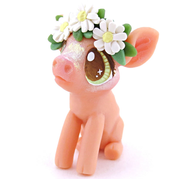Daisy Crown Pink Pig Figurine - Polymer Clay Easter and Spring Animals