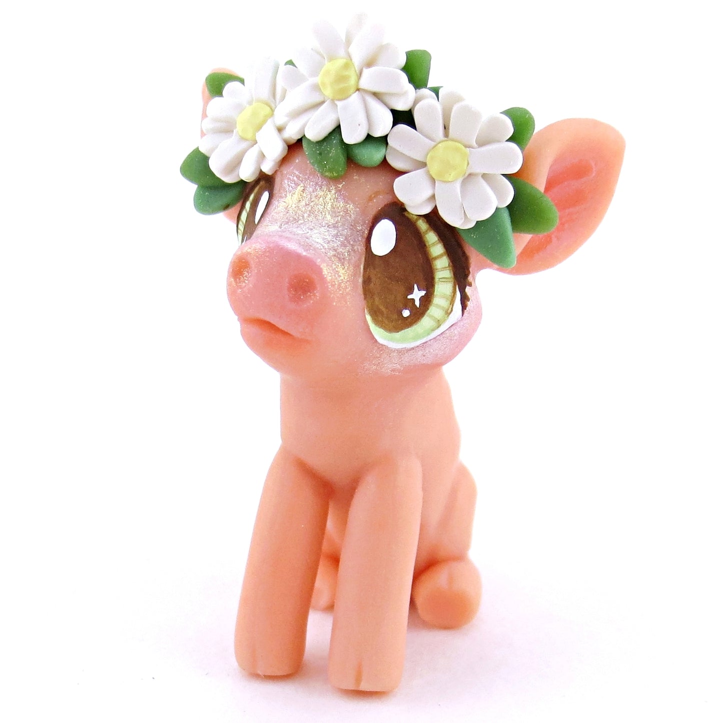 Daisy Crown Pink Pig Figurine - Polymer Clay Easter and Spring Animals