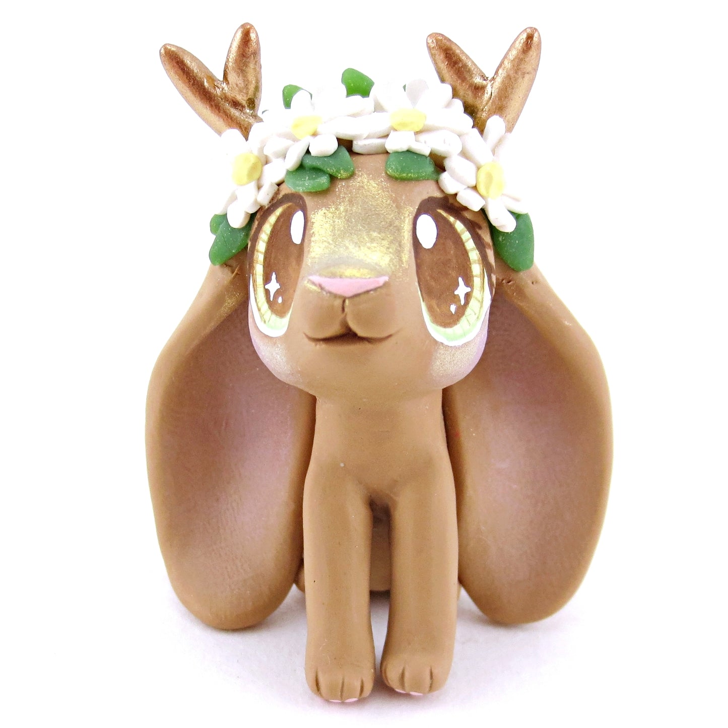 Daisy Crown Brown Jackalope Lop Figurine - Polymer Clay Easter and Spring Animals