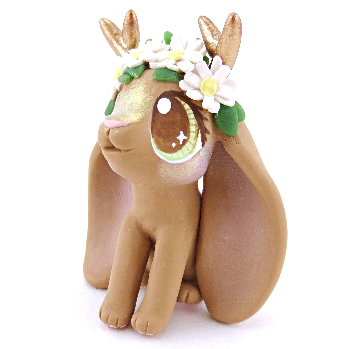 Daisy Crown Brown Jackalope Lop Figurine - Polymer Clay Easter and Spring Animals