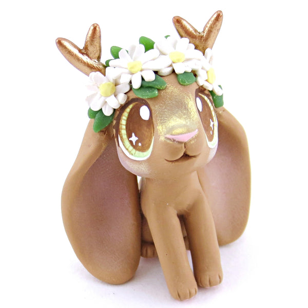 Daisy Crown Brown Jackalope Lop Figurine - Polymer Clay Easter and Spring Animals